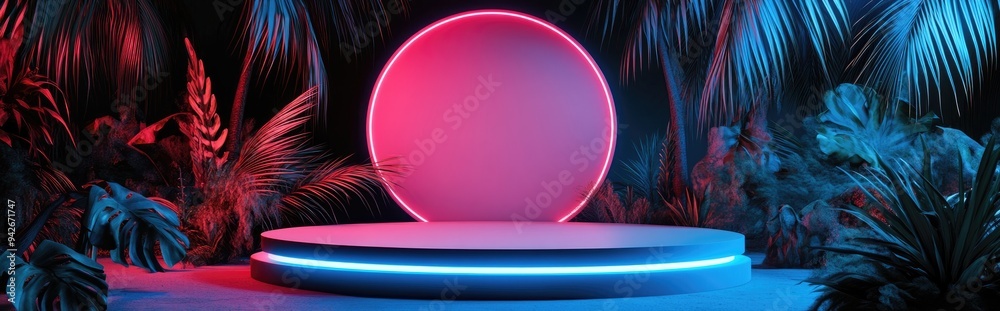 Poster 3d podium with empty space for product showcase against an abstract tropical background summer and v