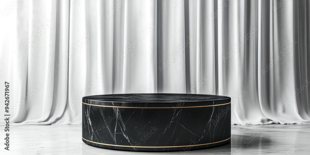 Aufkleber 3d rendered background featuring a black marble cylinder table with a curved gold line design agains