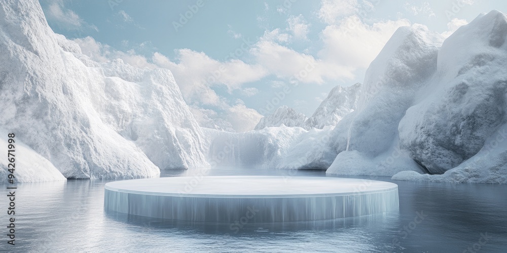 Aufkleber 3d render of a winter platform and natural podium backdrop featuring an ice podium on a frozen lake 
