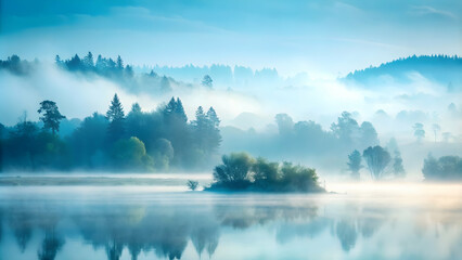 Mystical Forest Dawn: Tranquil lake reflecting a mist-shrouded forest at sunrise, evoking a sense of mystery and serenity.