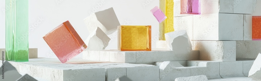 Aufkleber 3d render of an abstract background featuring white cobblestone ruins and colorful glass blocks in m