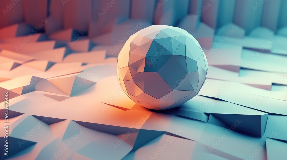 Poster abstract spherical object with geometric backdrop rendered in 3d