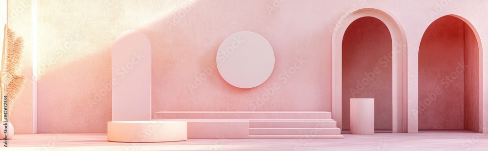 Poster 3D render of an abstract geometric background featuring an art deco display in soft pastel hues showcasing a fashion podium with a blank mock up template a minimalistic empty showcase and primitiv