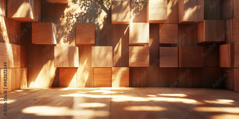 Aufkleber 3D rendering of wooden cube blocks with tree shadows in a room