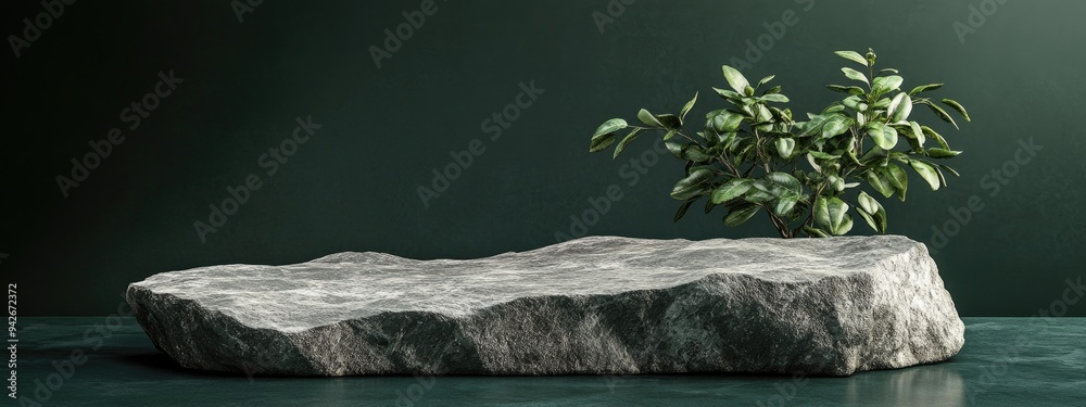 Aufkleber 3D rendering of a rock platform podium featuring a plant for product display background