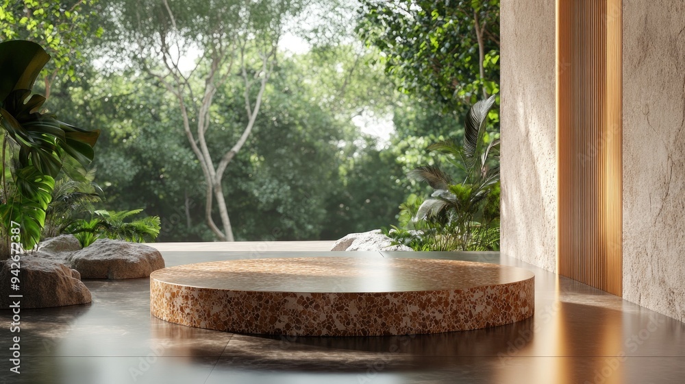 Poster 3d rendering of a brown terrazzo podium mockup in a landscape setting with gobo lighting in the back