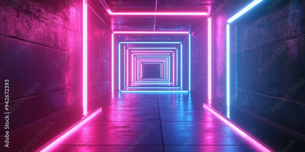 Fototapete 3D rendering of a neon lit tunnel featuring glowing lines an abstract background and a square portal in vibrant pink and blue hues resembling a virtual reality experience with a laser show effect
