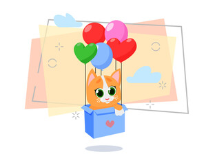 Cute orange kitten in box with air balloons. Cartoon character, heart shape, love. Celebration concept. Can be used for topics like holiday, Valentines day, romance