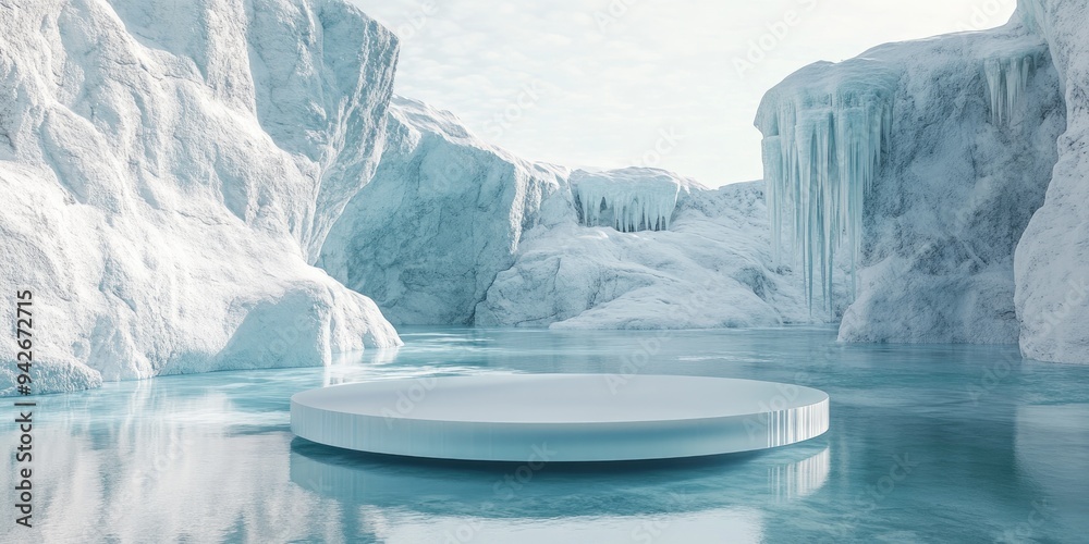Poster 3D render of a winter platform and natural podium backdrop featuring an ice podium on a frozen lake with an ice canyon suitable for product display advertising mockups and showcases
