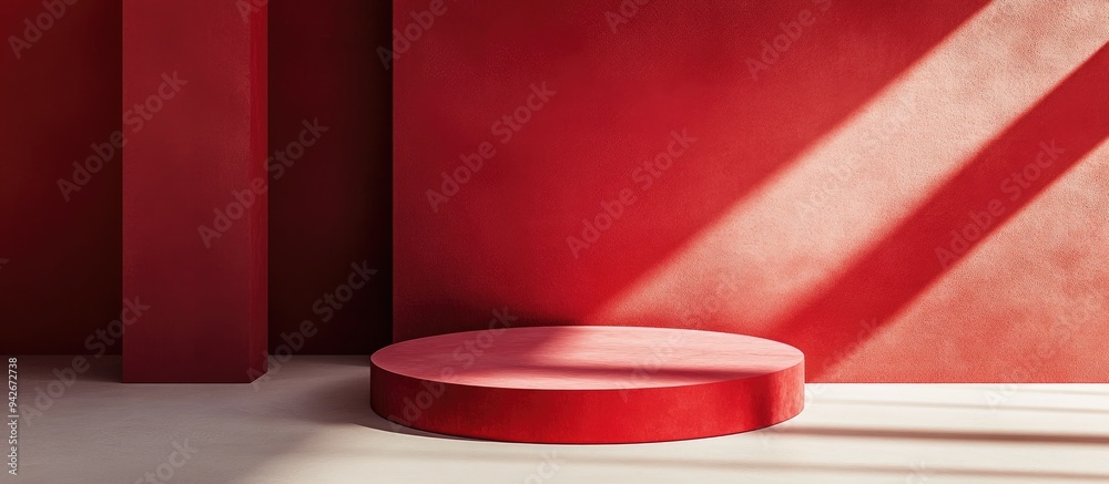 Poster 3D rendering of a minimalistic product display background for cream cosmetics featuring a modern red podium