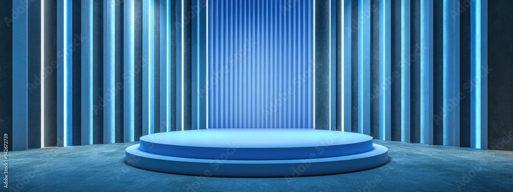 Poster 3d rendering of a podium stage with a blue striped backdrop