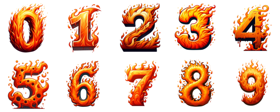 number made from fire, in cartoon style, isolated white background