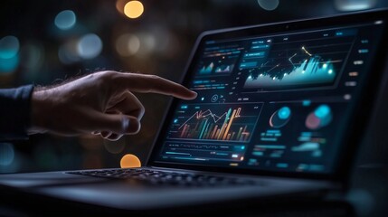 close-up of a laptop screen displaying a business presentation, with charts and graphs illustrating a new business concept, and a team member’s hand pointing at the key data