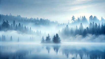 Fototapeta premium Mystical Forest Dawn: Tranquil lake reflecting a mist-shrouded forest at sunrise, evoking a sense of mystery and serenity.