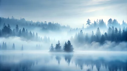 Sierkussen Mistig bos Mystical Forest Dawn: Tranquil lake reflecting a mist-shrouded forest at sunrise, evoking a sense of mystery and serenity.  © Joesunt