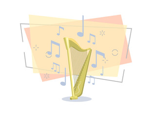 Harp flat illustration. Ireland music, folklore, symphony orchestra. Musical instruments concept. Vector can be used for topics like ethnic music, traditional culture, art