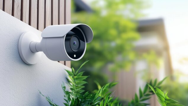 Modern outdoor smart security camera with remote vision control mounted on a wall