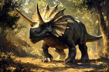 Fototapeta premium A Triceratops Stands in a Forest Clearing