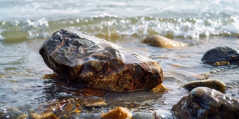 Wet Rock in Sea Water with Copy Space for Text. Stone glistening with Ocean Waves
