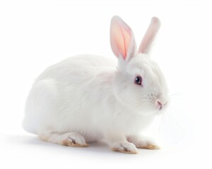 White Bunny. Isolated Pet Rabbit on White Background, Fluffy and Cute Animal