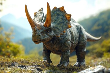 Fototapeta premium A Triceratops Dinosaur Stands in a Forest Clearing