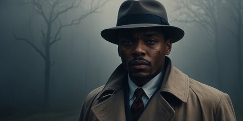 Mysterious African american man wearing a long trench coat in the fog Noire detective Roaring Twenties era.