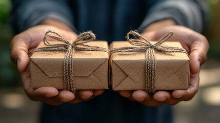 delivery man's hands carefully holding a fragile package, symbolizing trust, care, and responsibility. The hands are gently cradling the box, conveying the importance of safe delivery