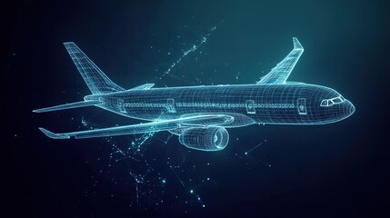 Airplane in Hologram Wireframe Style. Nice 3D rendering 