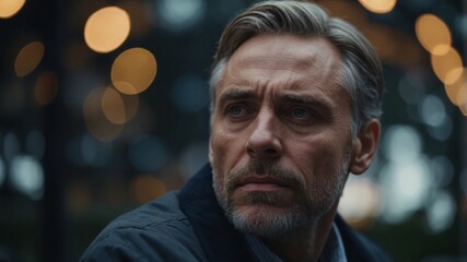 Fototapeta premium Pensive man up close, emotions reflected in his eyes.