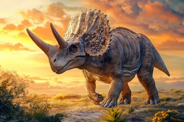 A Triceratops Dinosaur Walking Through a Sunset Landscape