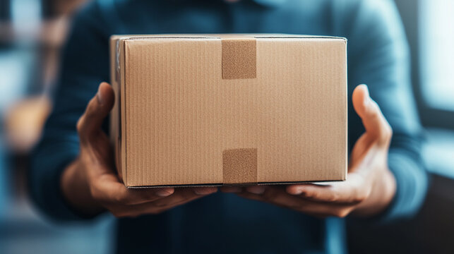 delivery man's hands carefully holding a fragile package, symbolizing trust, care, and responsibility. The hands are gently cradling the box, conveying the importance of safe delivery