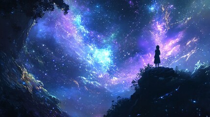 Obraz premium Wallpaper of a girl looking out at a vast, star-lit sky, her loneliness mirrored in the infinite expanse