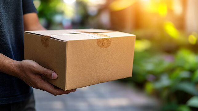 delivery man's hands carefully holding a fragile package, symbolizing trust, care, and responsibility. The hands are gently cradling the box, conveying the importance of safe delivery