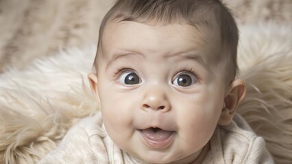 Close-up portrait of a baby with wide-eyed expression and open mouth
