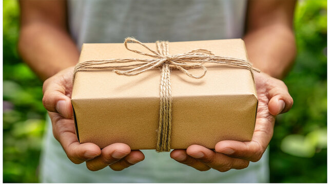 delivery man's hands carefully holding a fragile package, symbolizing trust, care, and responsibility. The hands are gently cradling the box, conveying the importance of safe delivery