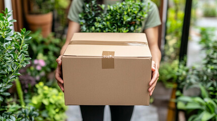 delivery man's hands carefully holding a fragile package, symbolizing trust, care, and responsibility. The hands are gently cradling the box, conveying the importance of safe delivery