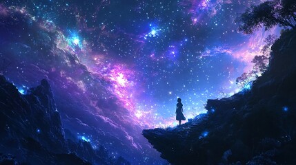 Fototapeta premium Desktop wallpaper featuring an anime girl sihouette standing alone under a starry sky, embodying a sense of quiet melancholy in the fantasy world
