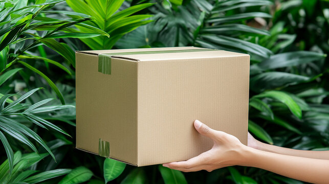 delivery man's hands carefully holding a fragile package, symbolizing trust, care, and responsibility. The hands are gently cradling the box, conveying the importance of safe delivery