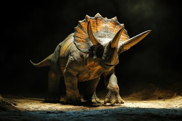 Fototapeta premium A Triceratops Dinosaur Stands In A Darkened Environment