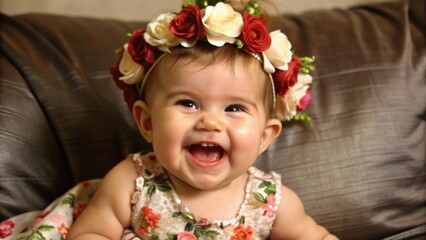 Fototapeta premium A Portrait of a Smiling Baby Girl with a Flower Crown