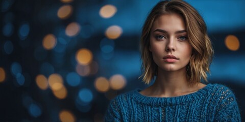 young beautiful model wearing a blue knittet sweater.