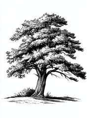 Black and white Vintage engraved art of a cedar tree, isolated on white background, ink sketch illustration, simple vector art design, highly detailed line art, high contrasty