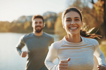 woman and a man are running in a park. The woman is smiling and the man is smiling too