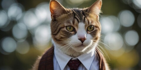 A cat in a white shirt and tie, an animal in human clothes.