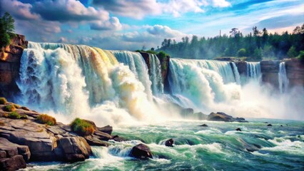 Obraz premium A Majestic Waterfall Cascading Over Rocks and into a Foamy River