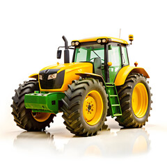 Obraz premium A modern yellow-green tractor on a white background, reflecting its advanced design and large, deep-tread tires, perfect for heavy-duty tasks