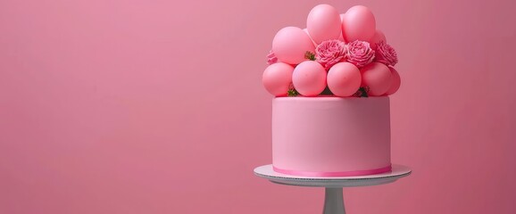 Pink Cake with Balloons and Roses