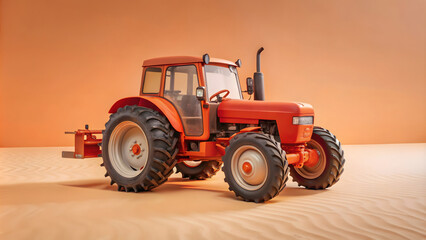 Fototapeta premium An orange tractor sits on sandy terrain with a soft orange background, highlighting its vintage design and rugged, large tires