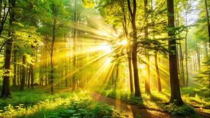 Obraz premium Sunbeams Illuminating a Misty Forest Path