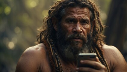Primitive man embracing technology caveman with smartphone, symbolizing development and innovation.